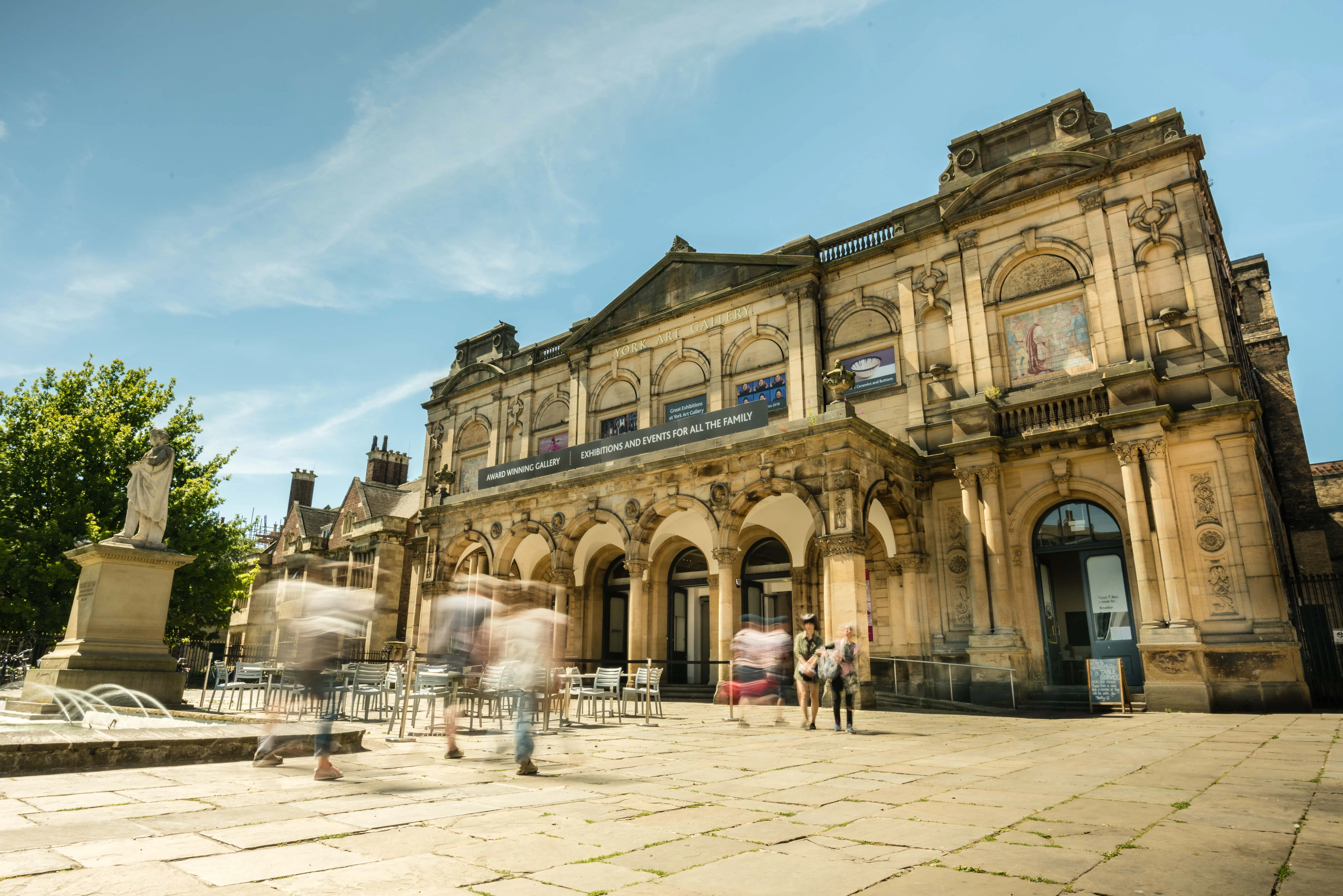 Exterior of York Art Gallery, large building with stone pillars along the front.