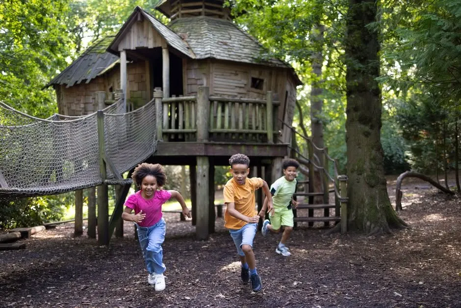 three children running through woodland at RHS Harlow Carr with wooden treehouse and playground behind them.