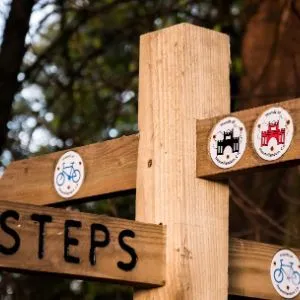 Fingerpost sign in a country park in Yorkshire, with symbols indicating types of walking and cycling routes.