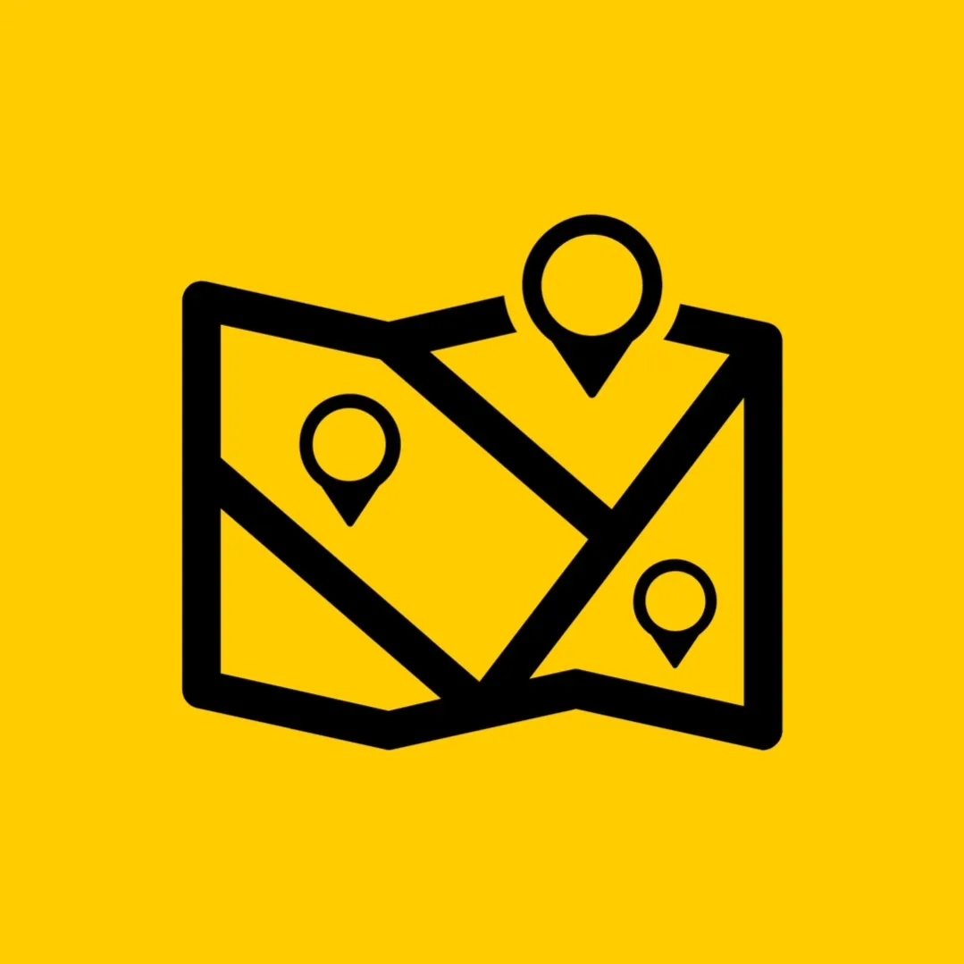 Logo for Street Hunt urban adventure treasure hunt, yeloow background with a black graphic depciting an open map.