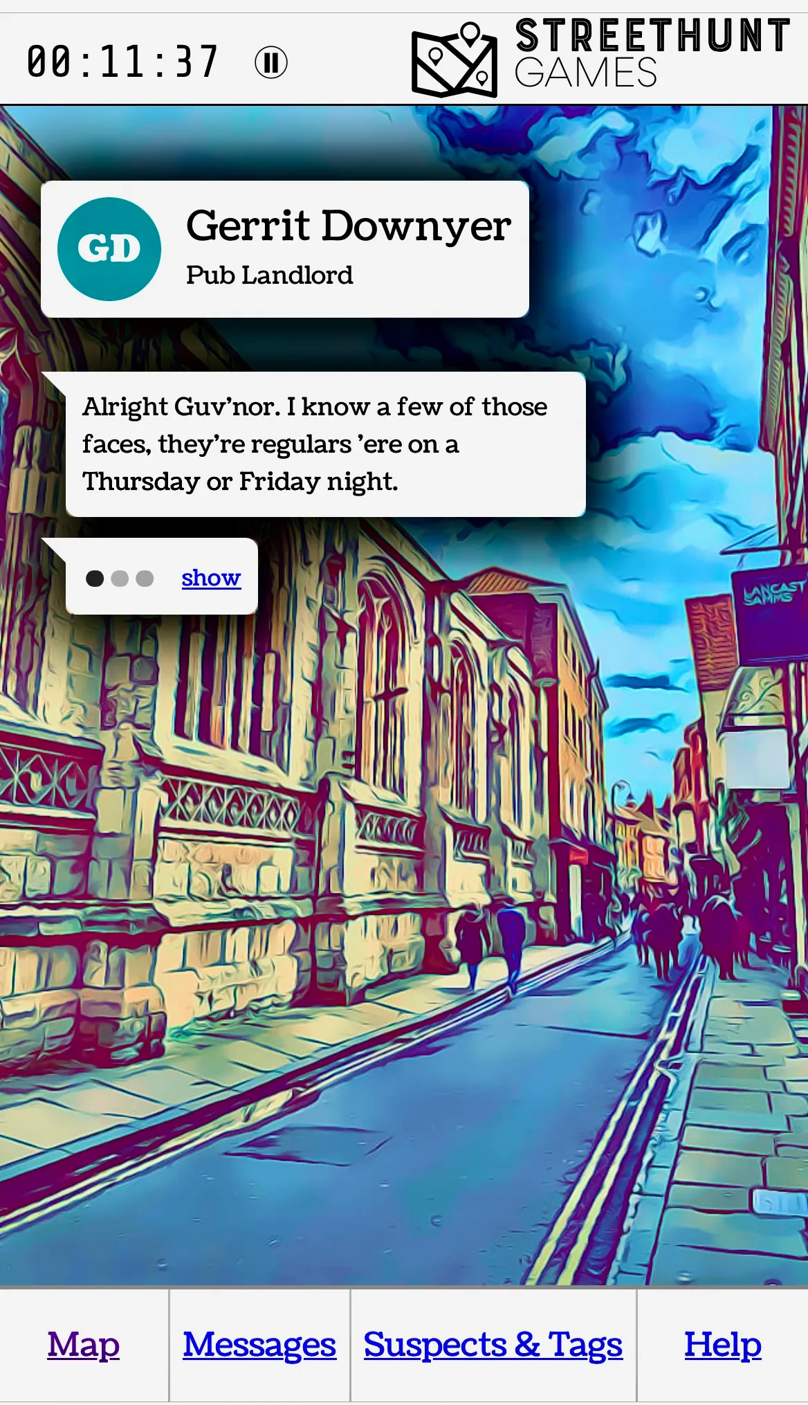 screenshot of one of the clues in the StreetHunt Games adventure trail in York, showing street scene in York