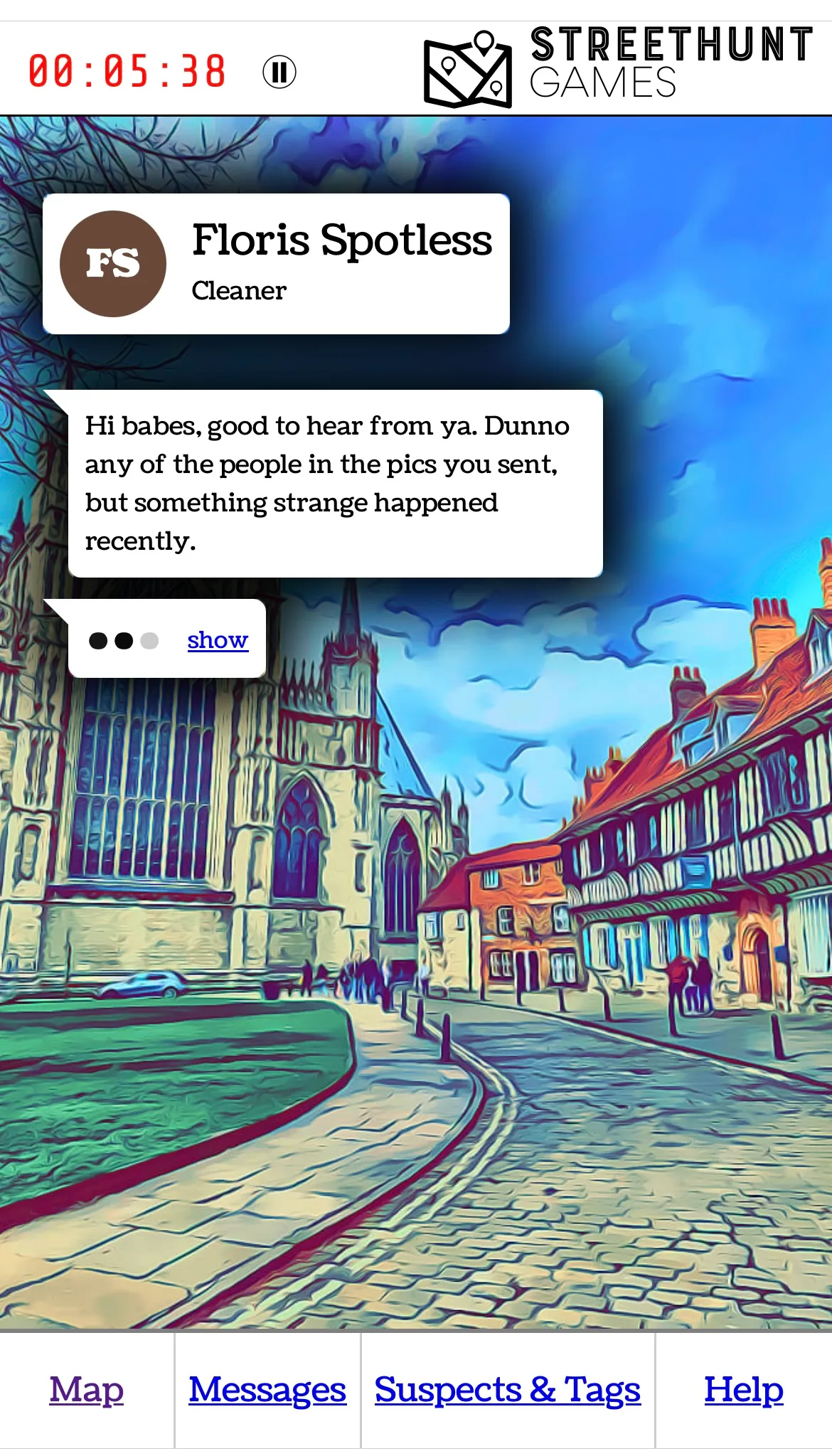 screenshot of a contact clue and artist impression of a street scene in York for the Streethunt games adventure trail in York