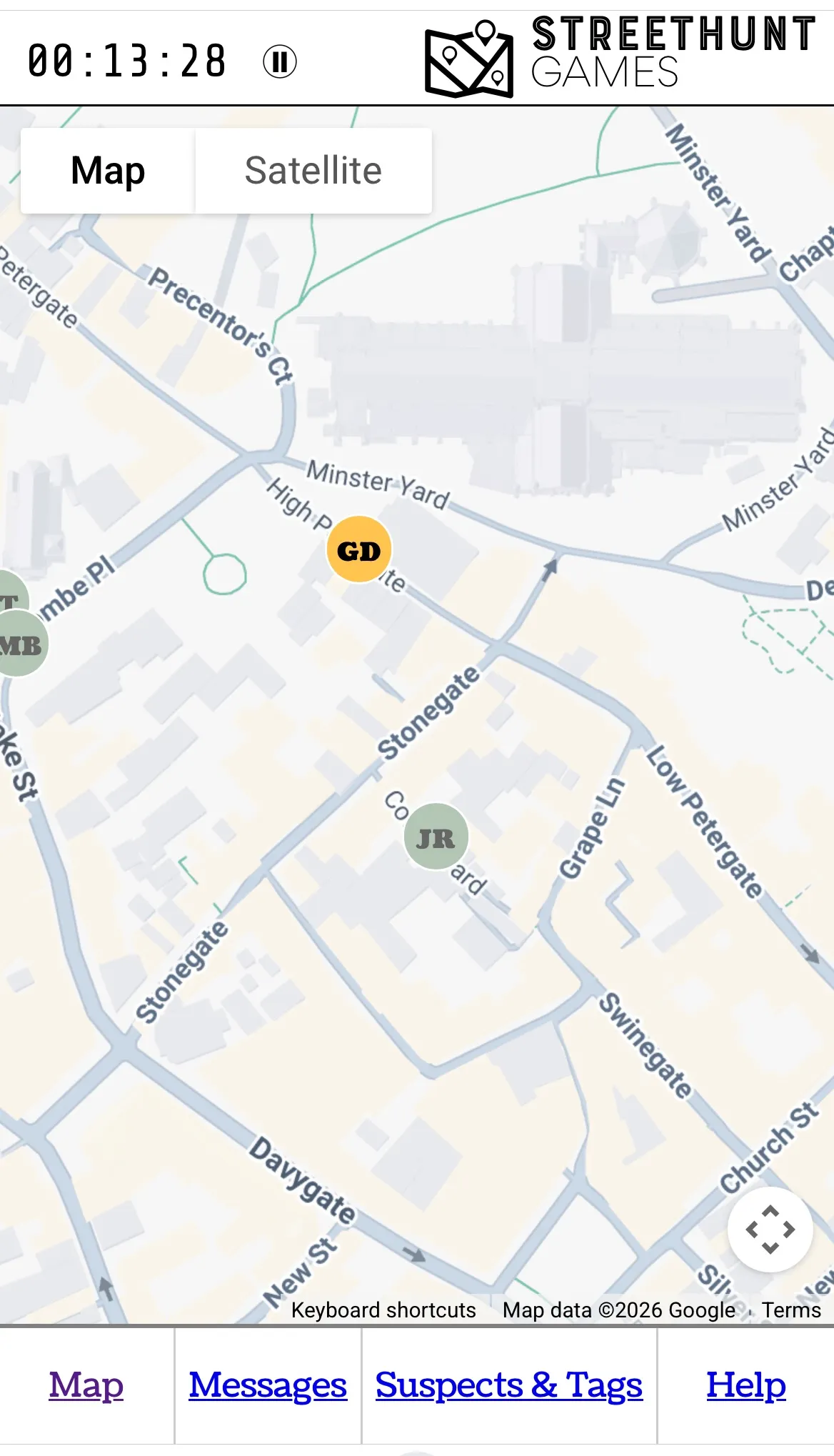 Map screenshot os the streethunt games trail in York, showing where to find the next contact