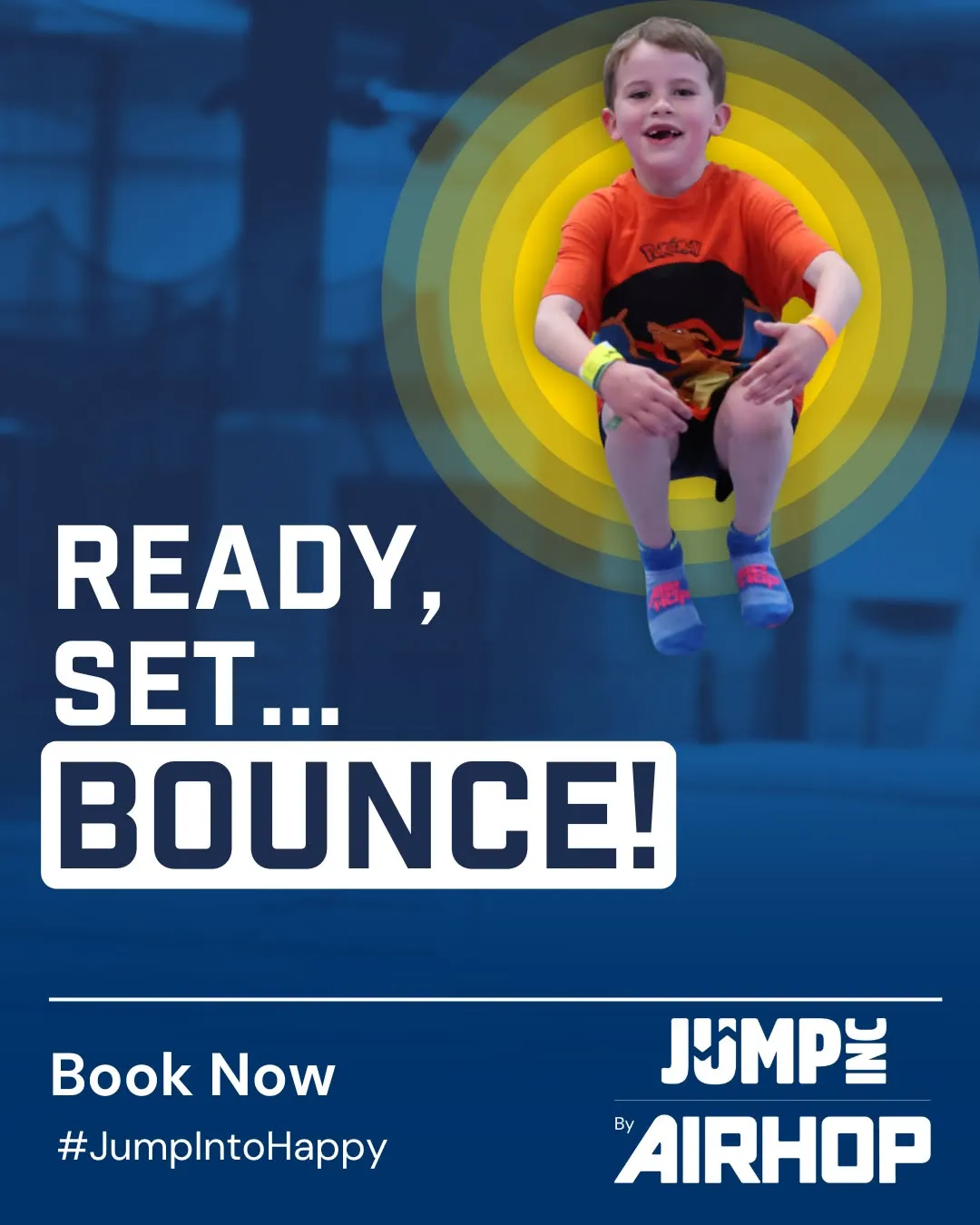 small boy bouncing high on a trampoline at Airhop Adventure Park in Sheffield, South Yorkshire