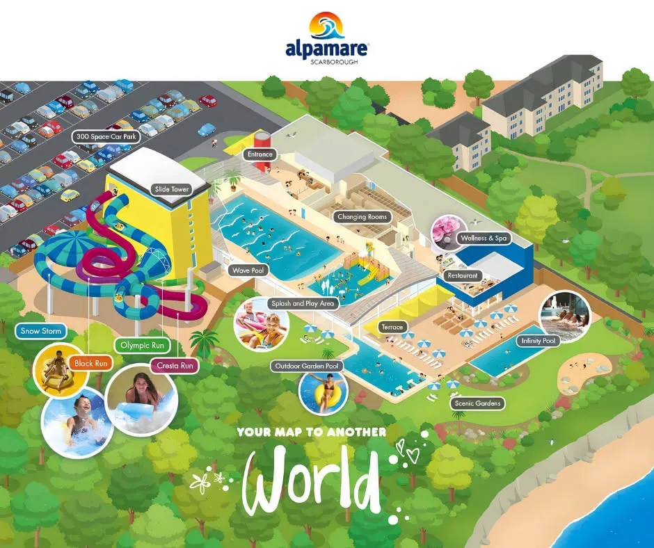 illustrated map of the pools and slides at Alpamare, Scarborough.