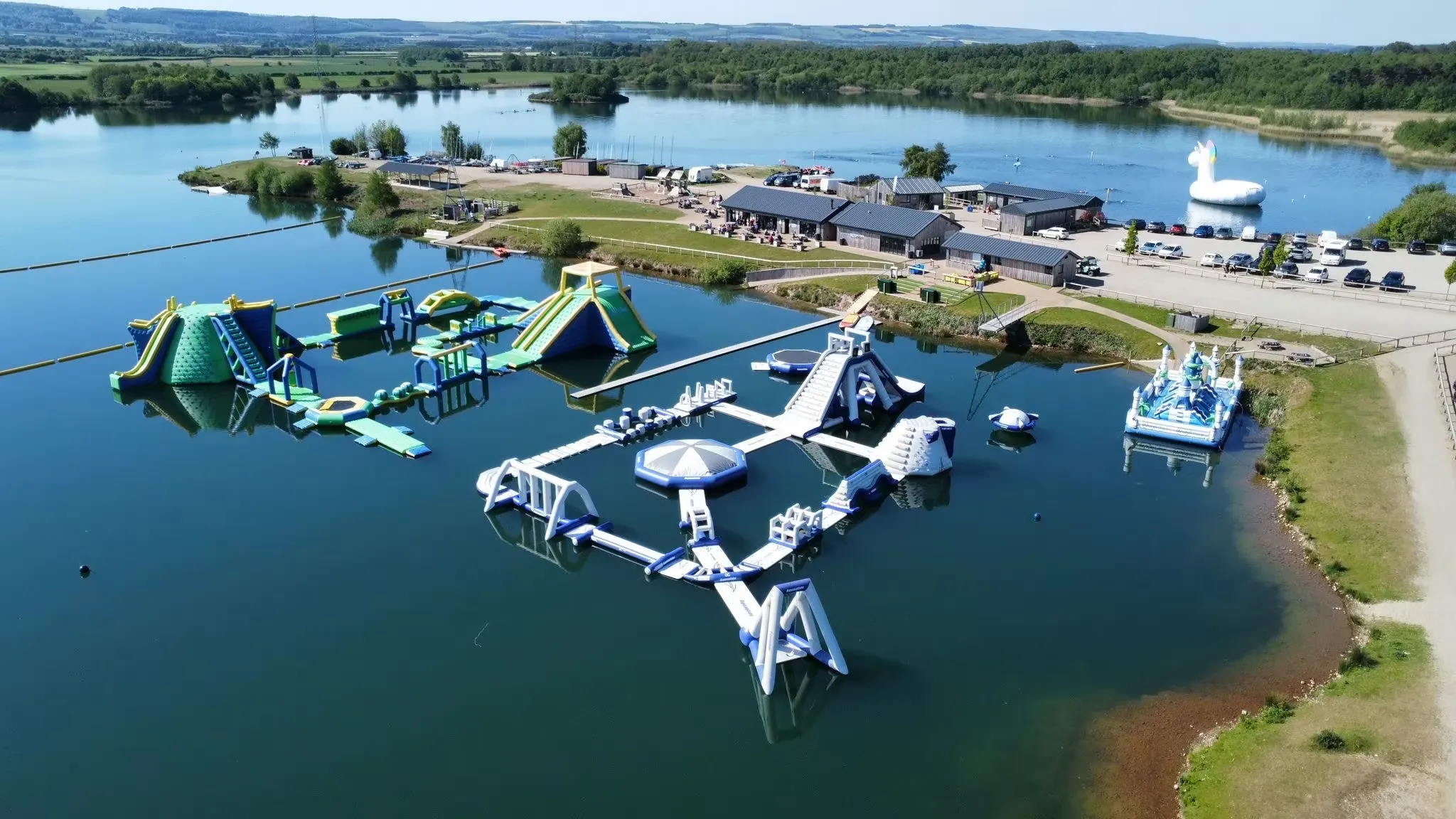 aerial view over the aquaparks at North Yorkshire Water Park.