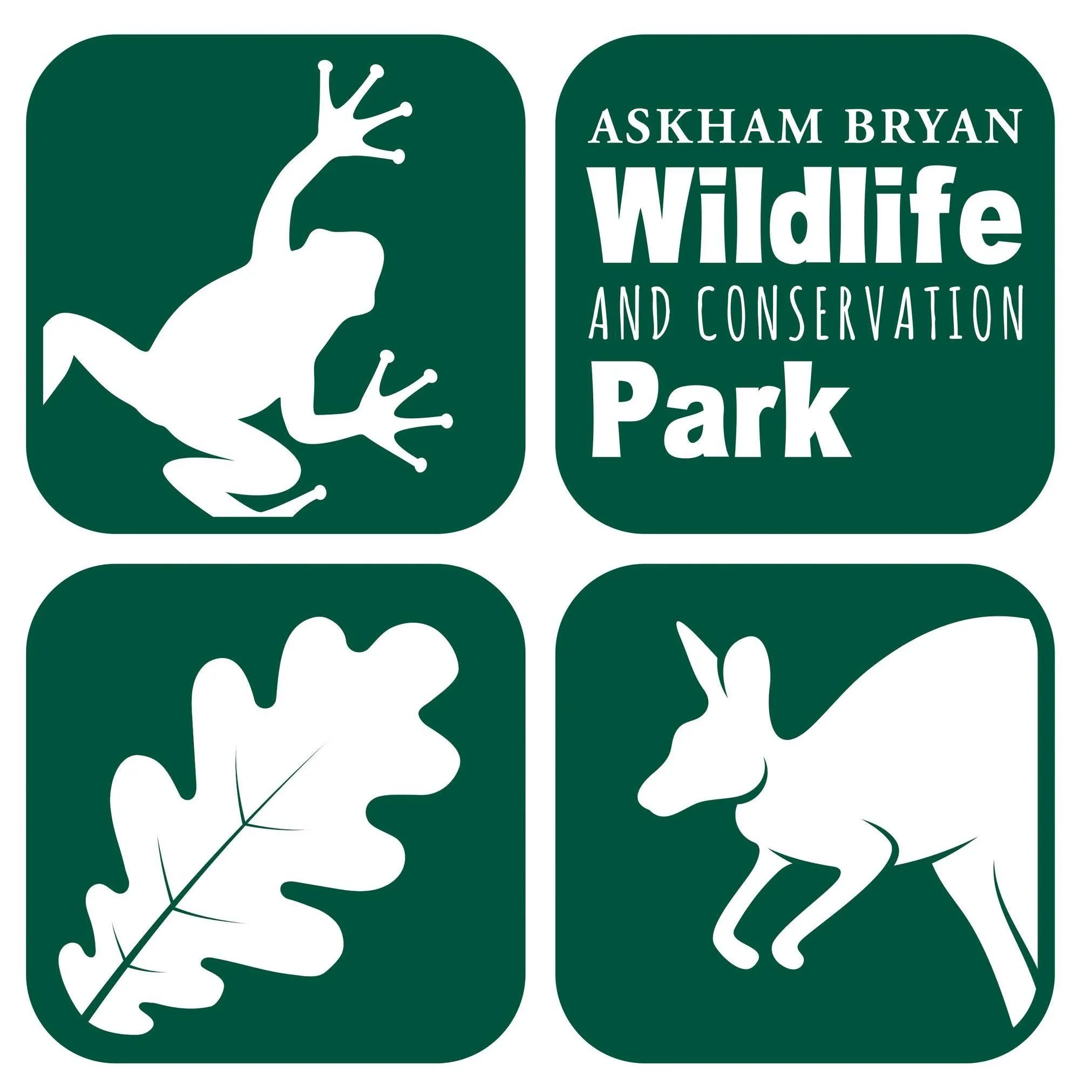 Logo for askham bryan wildlife park, four green squares with white text and animal images