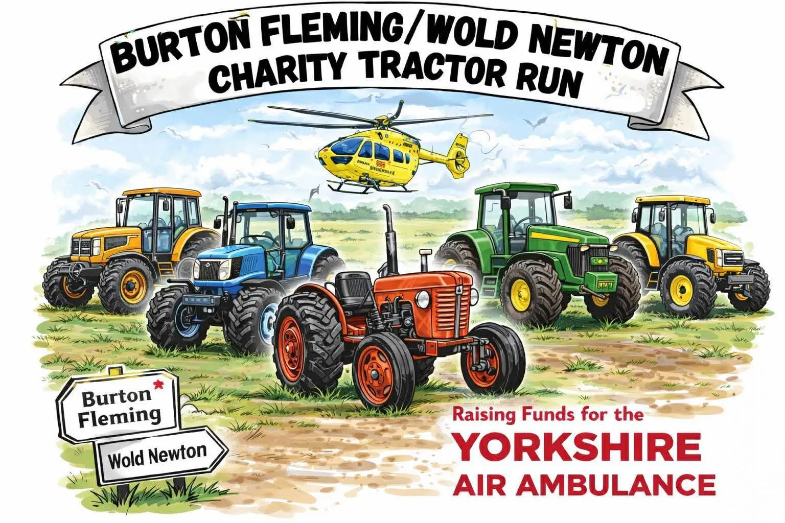 Illustration of different coloured tractors for Burton Fleming and Wold Newton Charity tractor run in April in Yorkshire
