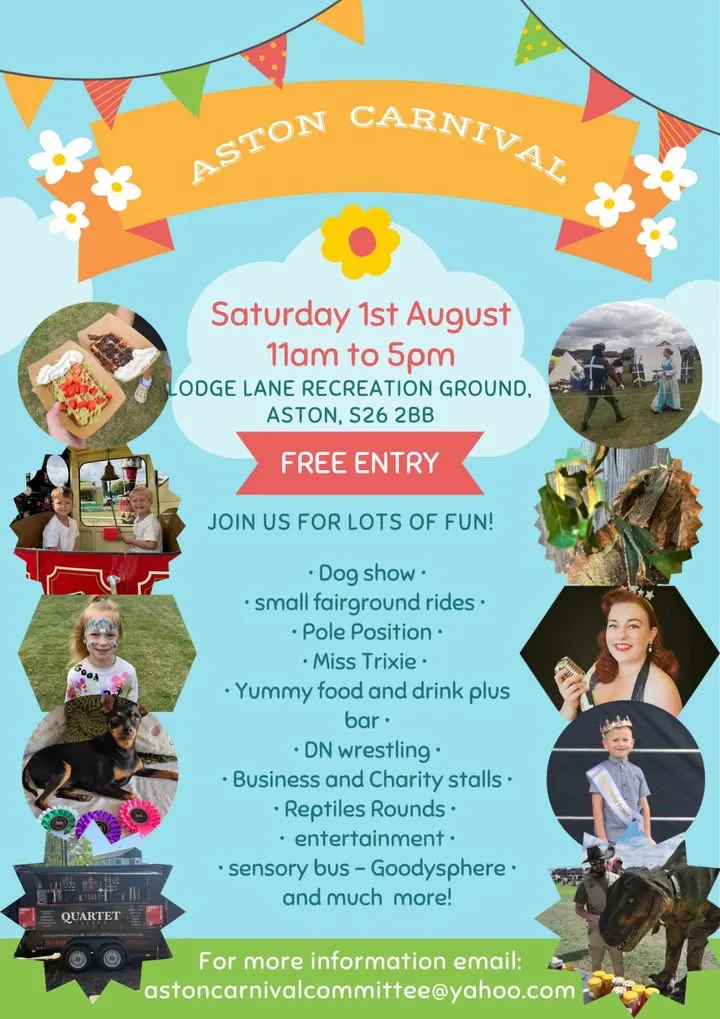 poster for Aston Carnival in South Yorkshire in August 2026.