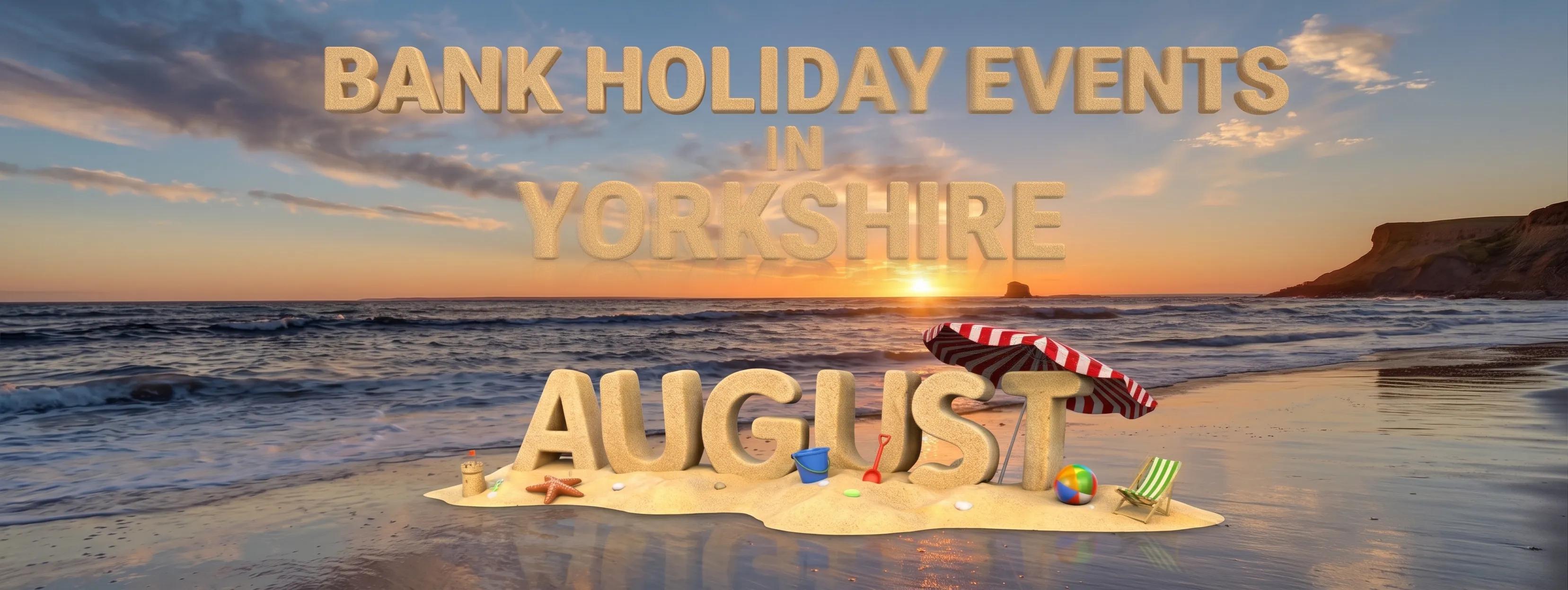 August bank holiday overlaid on a beach sunset scene