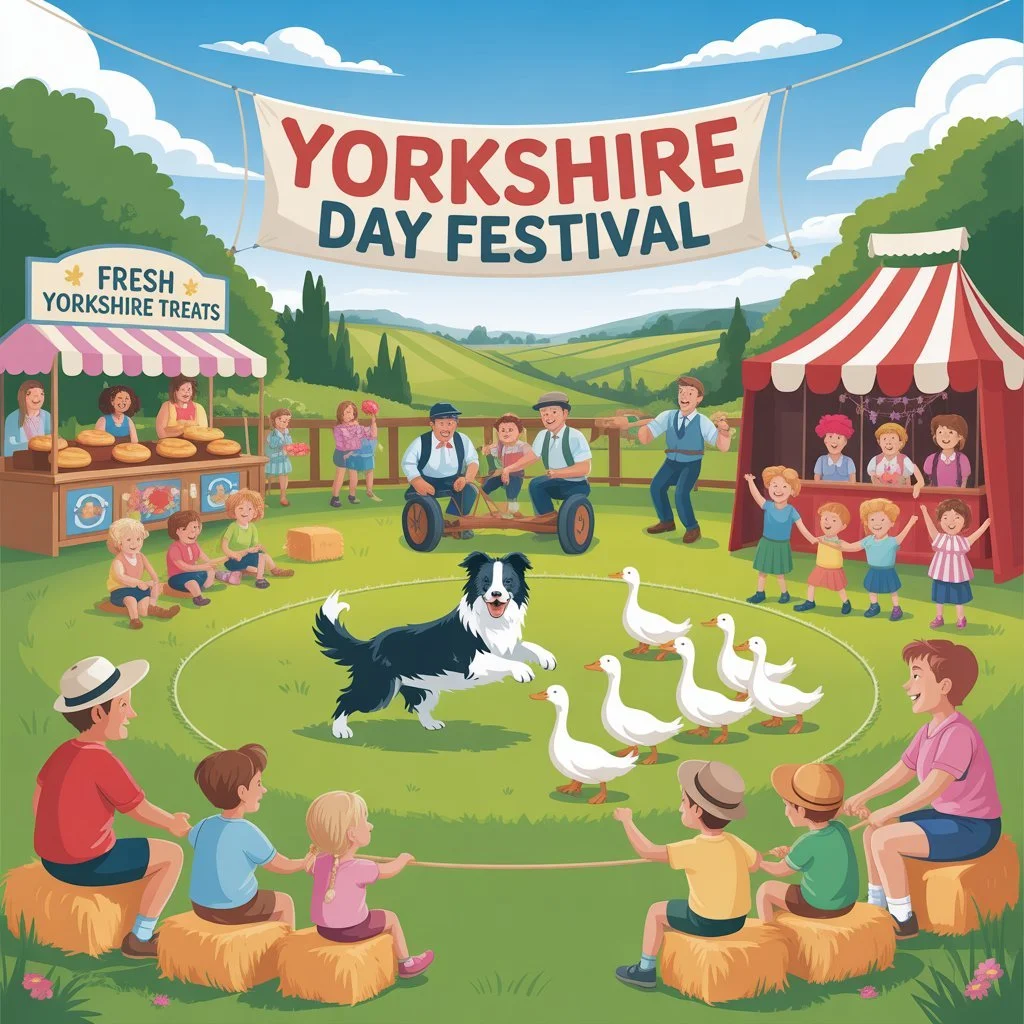 Illustraion of Yorkshire Day Festival at Carlton Towers with stalls in a field on a sunny day.