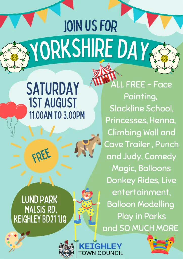 Poster for Yorkshire Day celebrations in Keighley on 1st August.