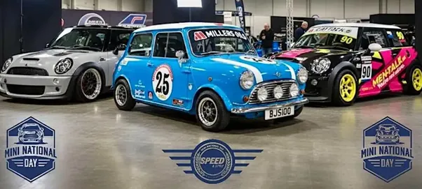 Three classic minis parked in a v formation, National Mini day will be at Newby Hall in Yorkshire in August 2026