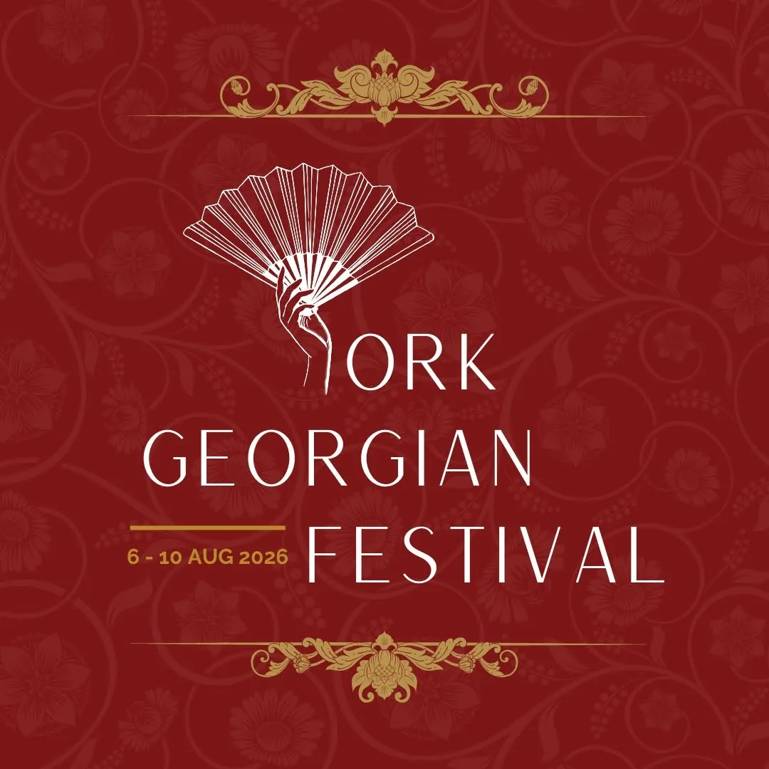 Logo for York Georgian Festival event in August, deep red background with golden lettering and details