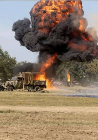 Tank with an explosion behind it at Yorkshire Wartime 2026, a family friendly military show in Doncaster, Yorkshire this August 2026