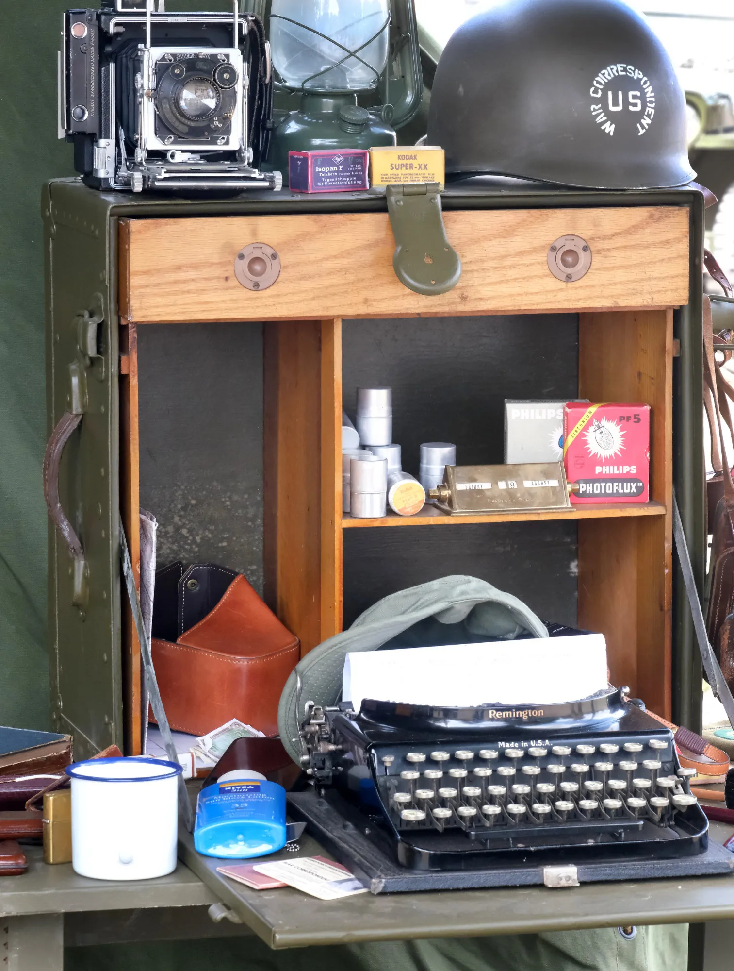 WW military war correspondent desk with typewriter and period camera part of the re-enactor displays at Yorkshire Watime event in Doncaster in August 2026