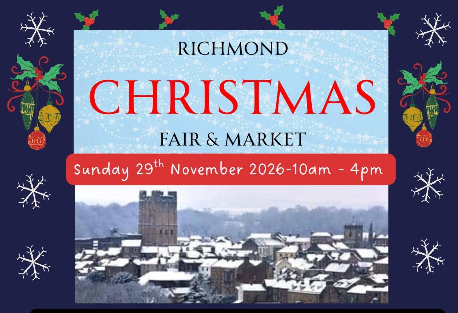 Festive market stalls lit up around the historic Richmond Market Place