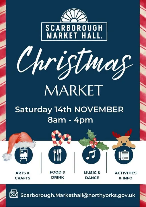 Festive market stalls inside Scarborough Market Hall and Vaults