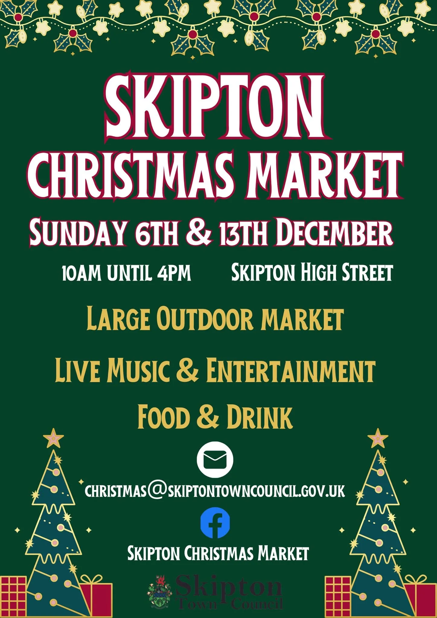 Festive market stalls decorated for Christmas in Skipton town centre