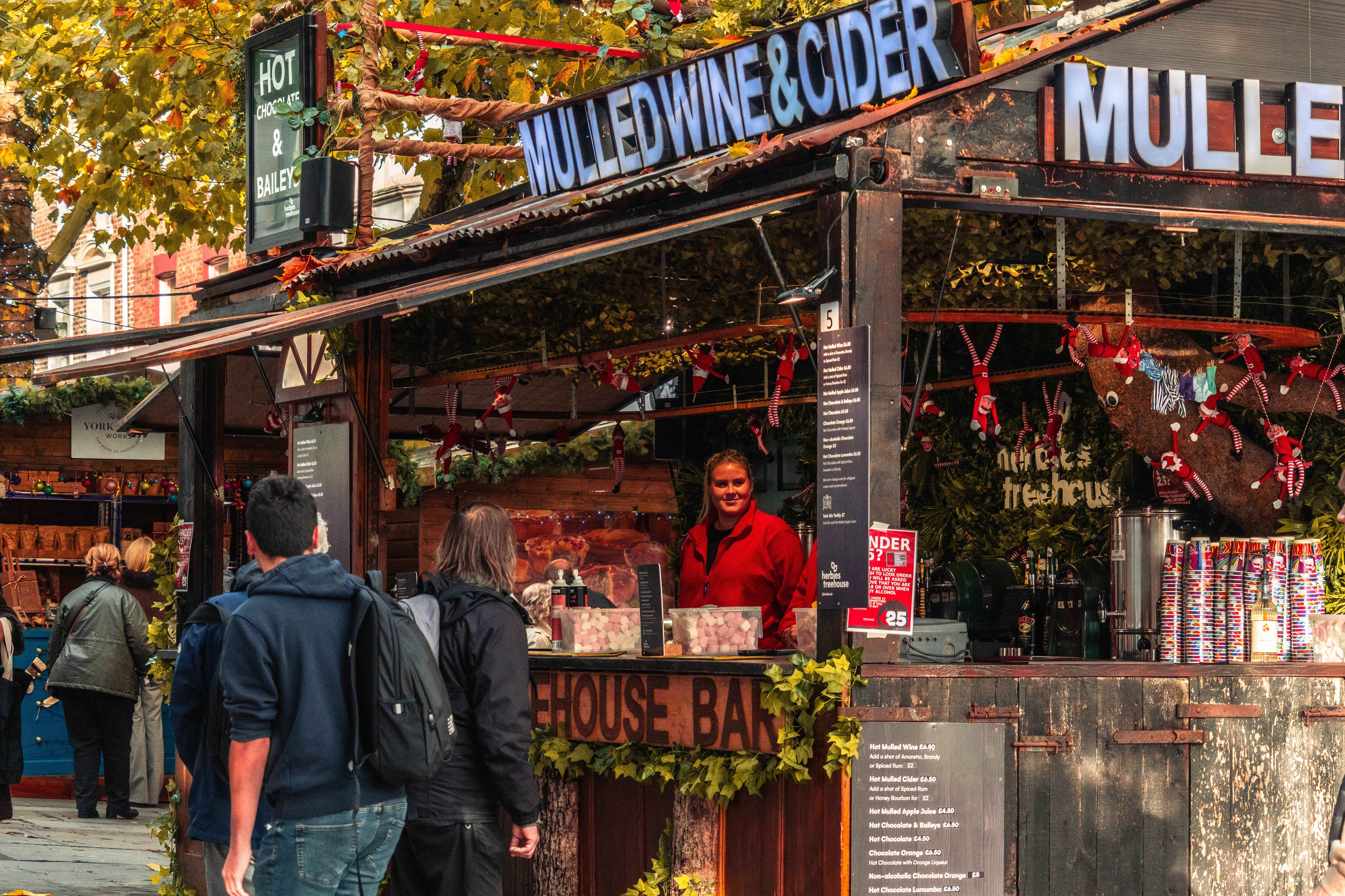 Wooden chalets and Christmas market stalls on Parliament Street in York