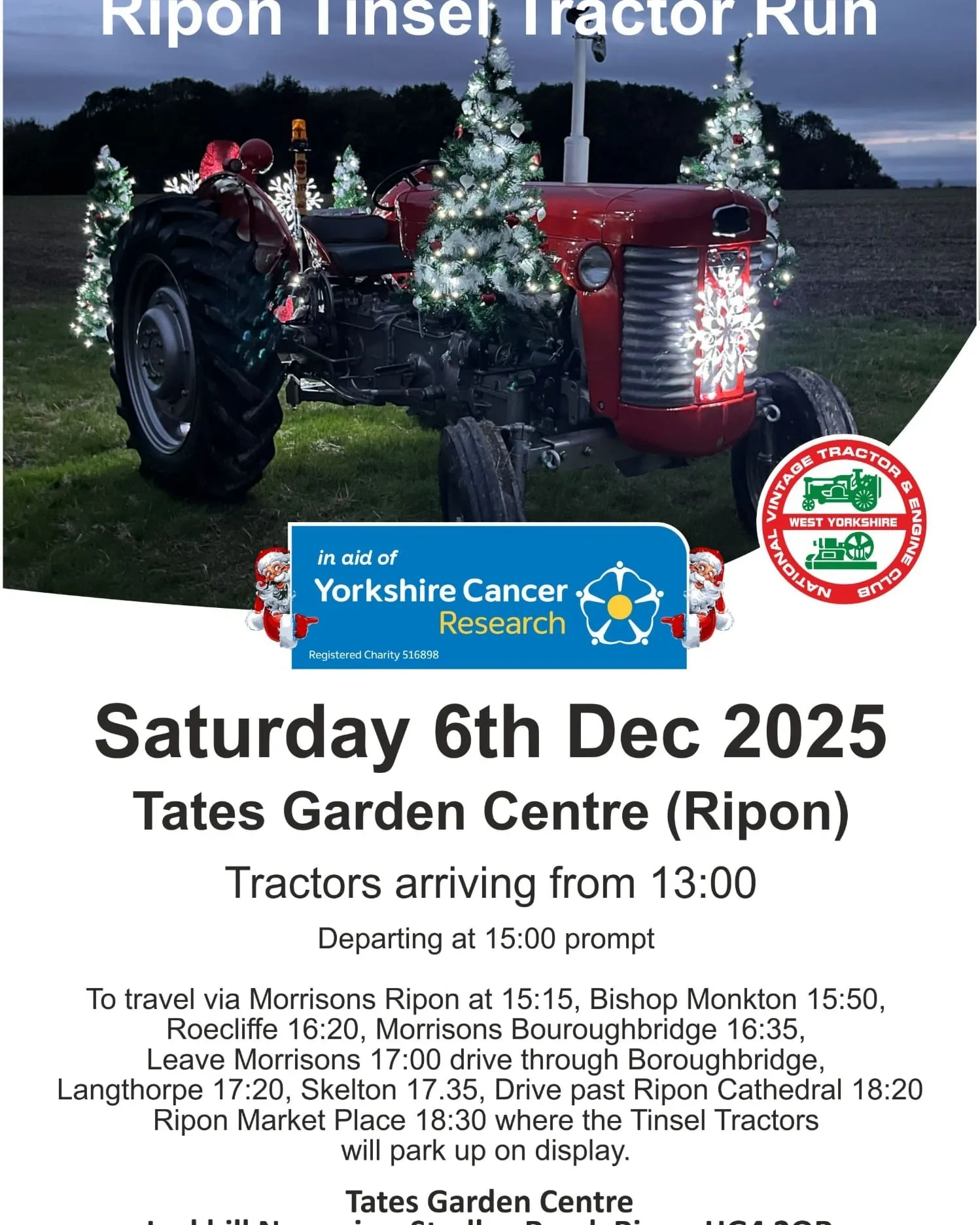 Festively decorated tractors adorned with tinsel and fairy lights driving through Ripon for the charity tractor run