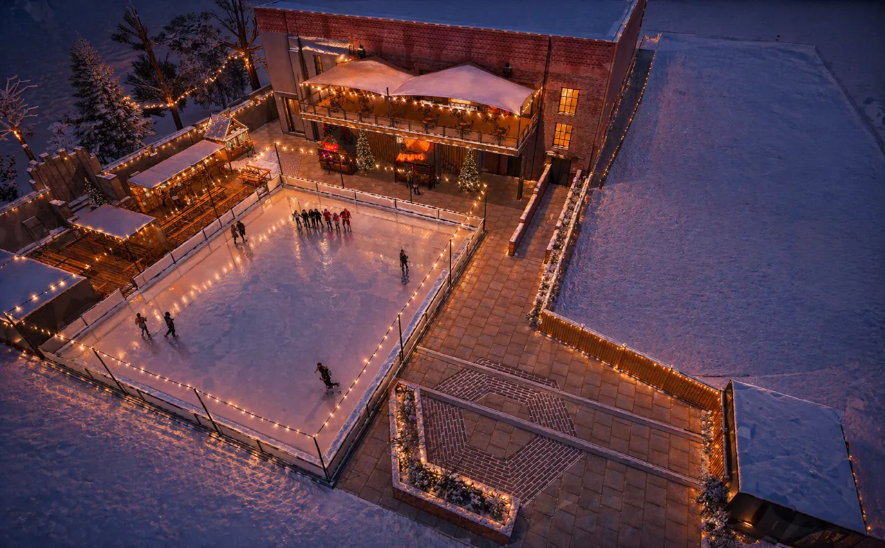Illuminated outdoor ice rink with festive lights in York Museum Gardens near historic ruins