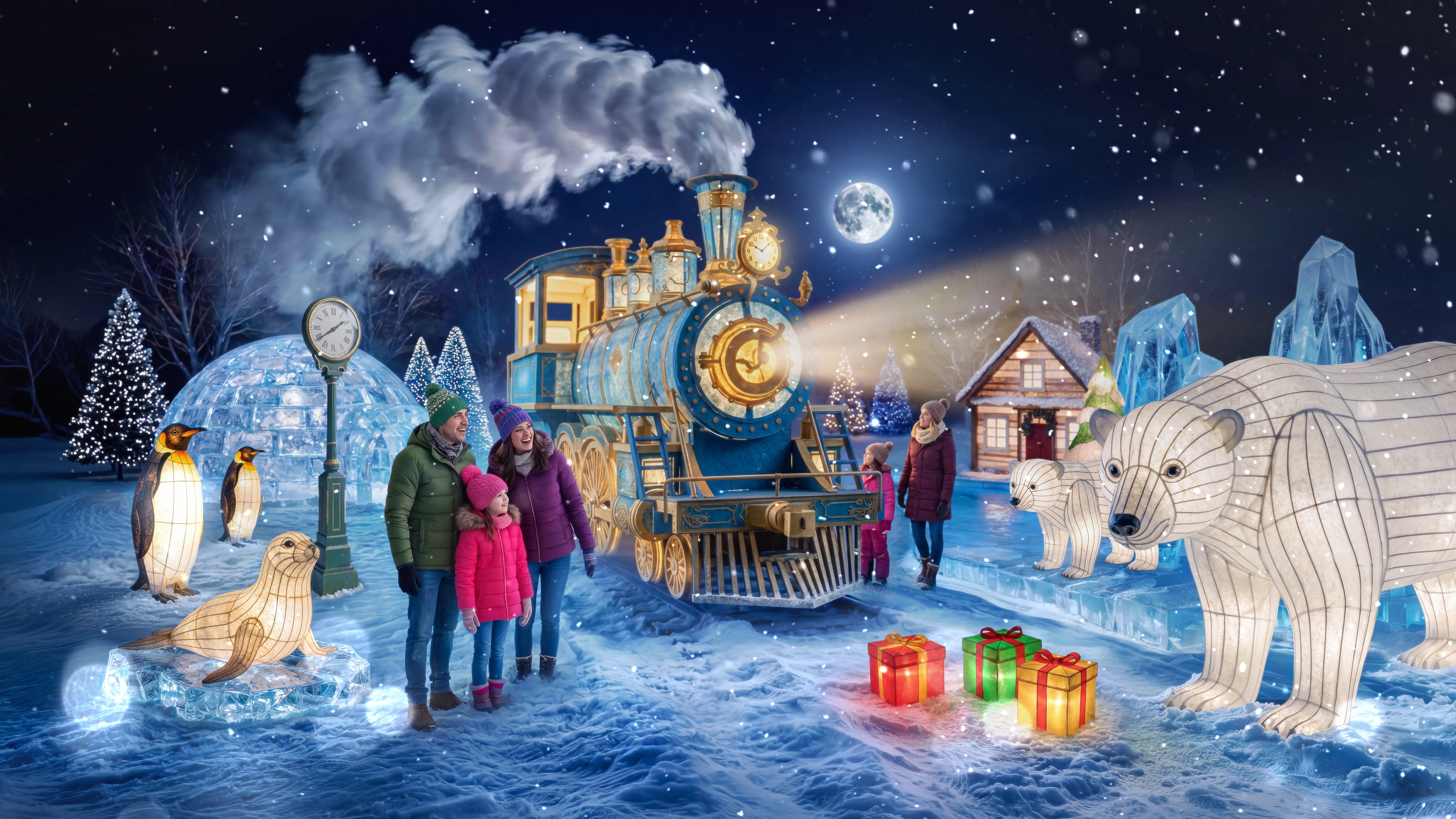 Illuminated polar bear lanterns and festive light displays for the Polar Bear Express theme at Yorkshire Wildlife Park