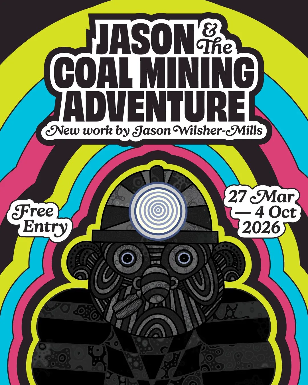 brightly coloured promotional image for the Jason Wilsher-Mills Coal Mining Adventure at the NAtional Coal Mining Museum in Yorkshire.