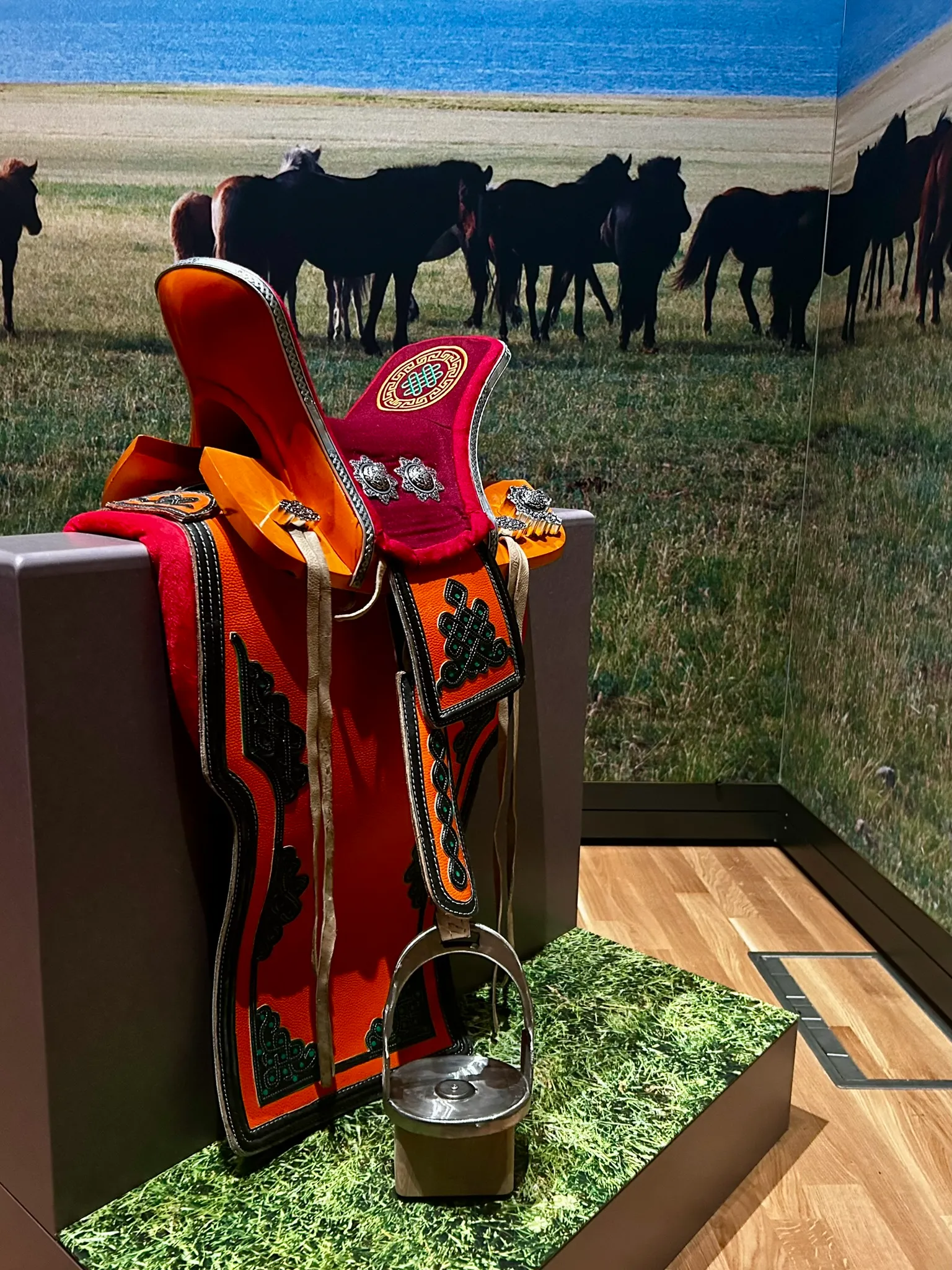 mock mongol saddle for people to try out at the Royal Armouries Ghengis Khan exhibition running June to November 2026