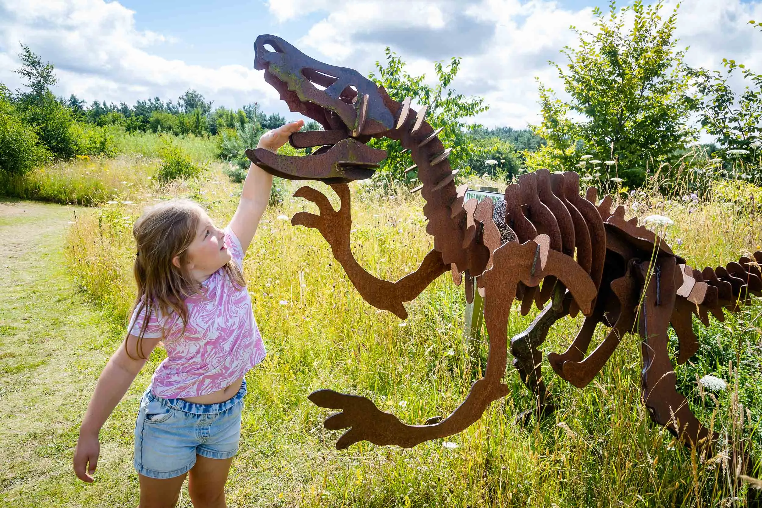 Child with one of the dinosaurs in the maze at Woldies Nature play.
