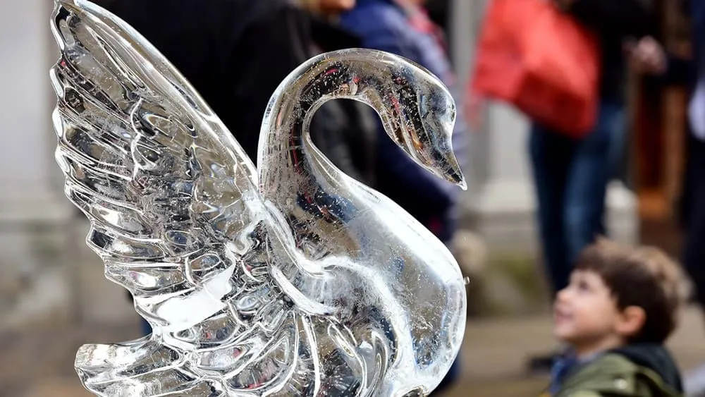 Ice Sculpture of a swan at York Ice Trail February Event in Yorkshire