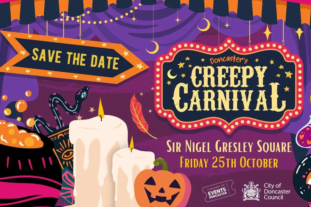 Colorful spooky street performers and carnival decorations at the Doncaster Creepy Carnival