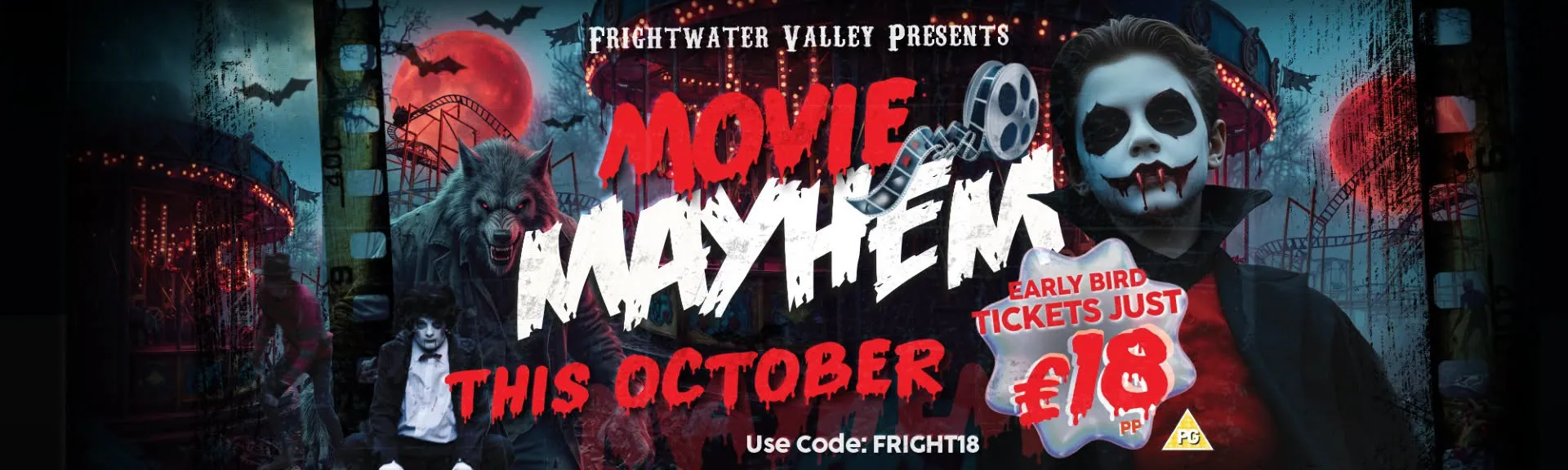 Movie-inspired Halloween characters and decorations at Lightwater Valley for Frightwater Valley Movie Mayhem