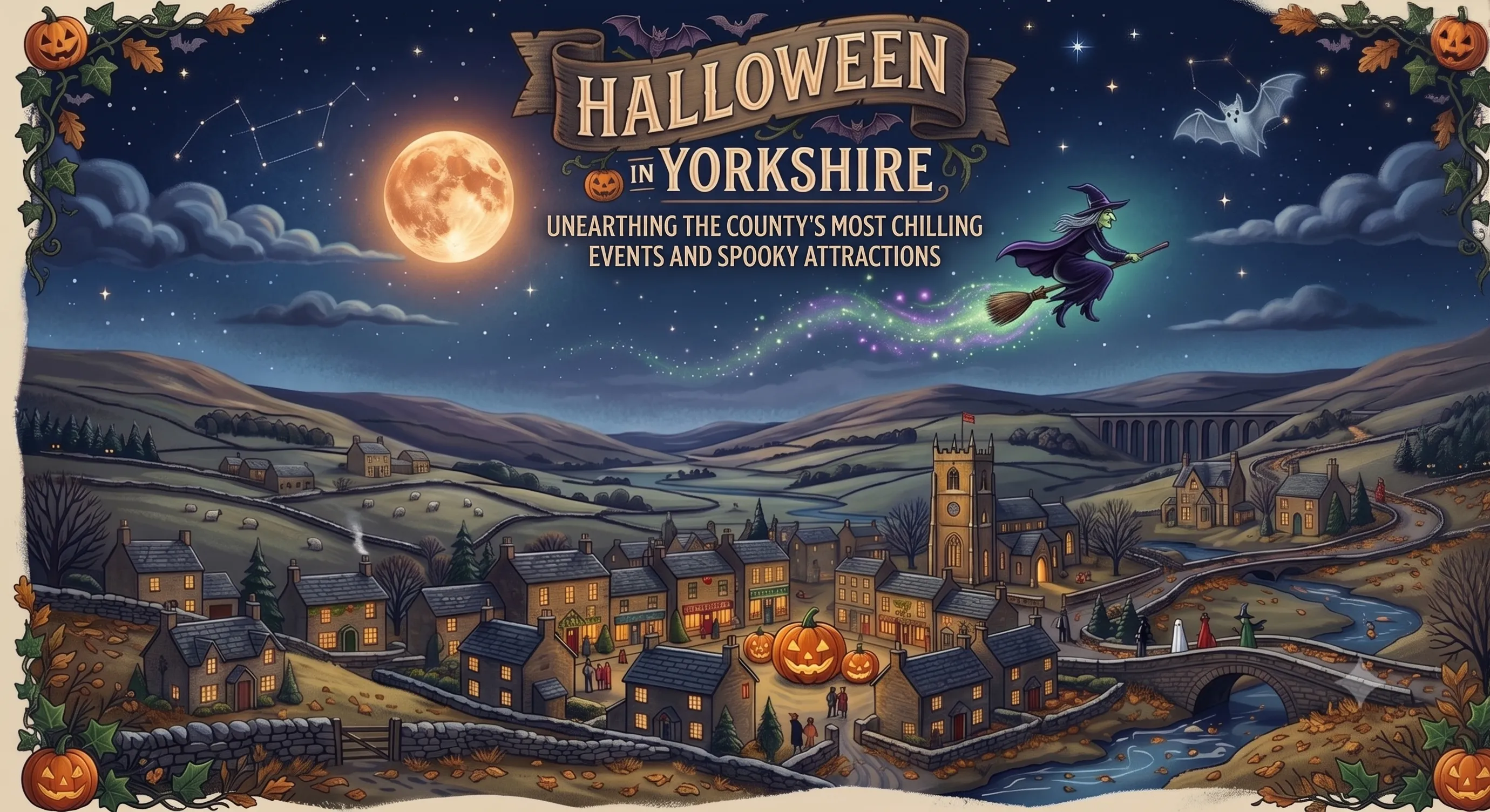 Halloween in Yorkshire graphic with a witch flying over the night sky