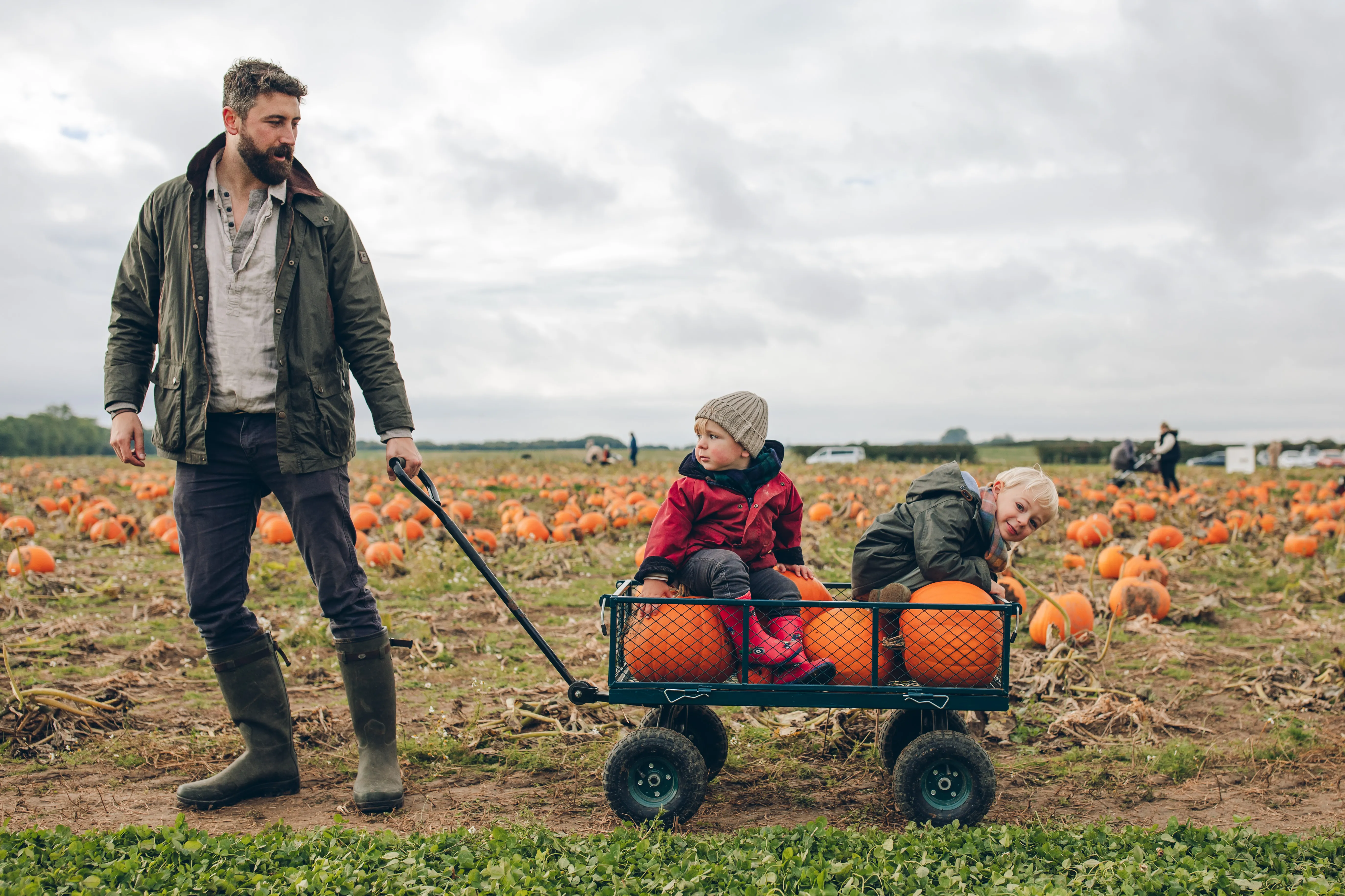 man pulling a camping trolley containing pumpkins and 2 small children.