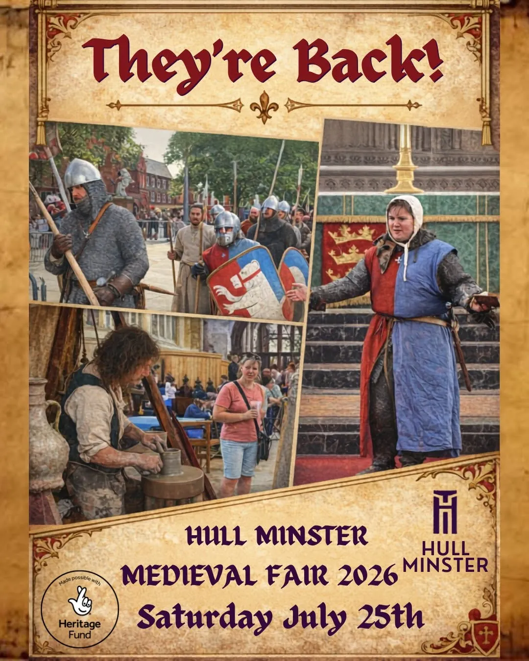 Poster for Hull Minster edieval day in July 2026, containign images from the event in 2025 of re-enactors in medieval costumes