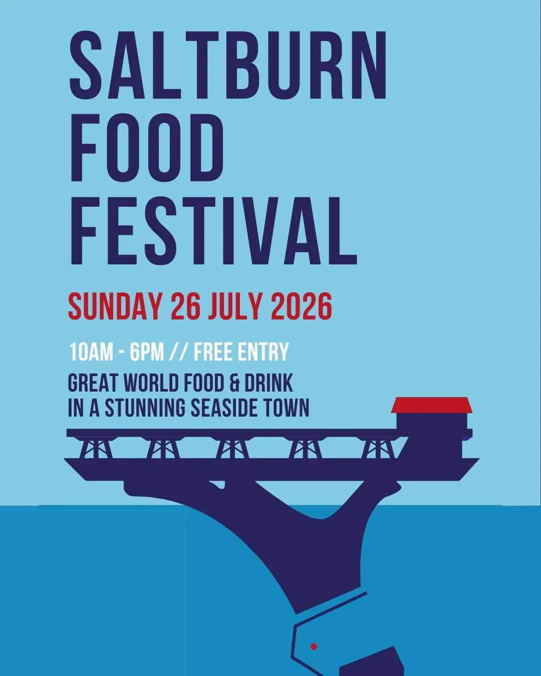Poster with details of the seafest event in July at the Scarbrough Spa, white background with blue text and graphics.