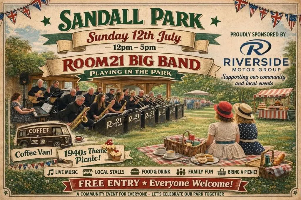 Poster for the 1940's picnic and big band afternoon at Sandall PArk near Wakefield in July 2026