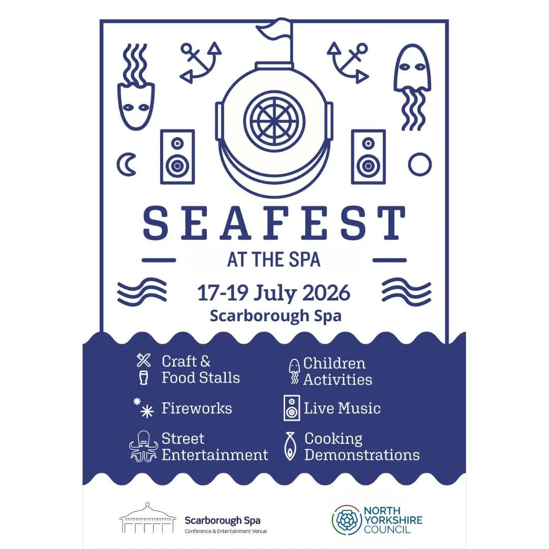Poster with details of the seafest event in July at the Scarbrough Spa, white background with blue text and graphics.