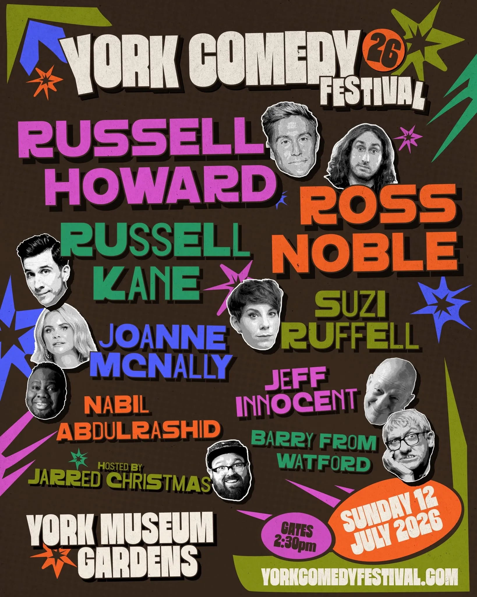 Poster for York Comedy Festival with details of the acts performing in July 2026.