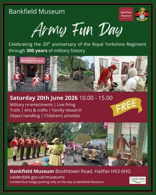 Poster with details of the Army Fun Day at Bankfield Museum in West Yorkshire in June 2026