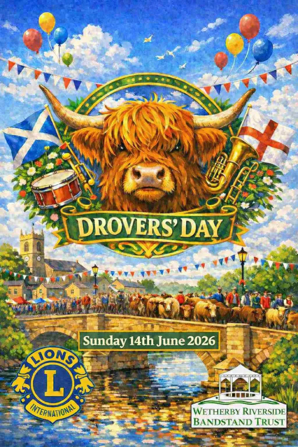 promotional poster for Drovers Day in Wetherby with a highland cow in the centre and details of the event in june 2026