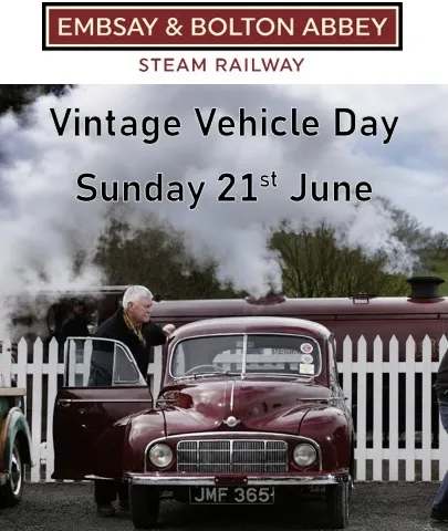man next to a morris minor vintage car with a steam train behind at the Embsay and Bolton Abbey Railway Vintage Vehicle Day in June 2026