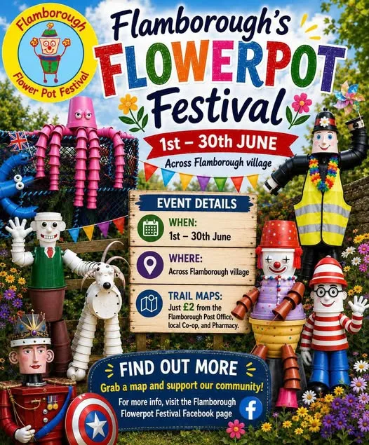 Post for the 2026 Flamborough flowerpot festival which runs through the entire month of June.