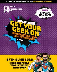 Huddersfield free get your geek on event in June, comic strip style logo
