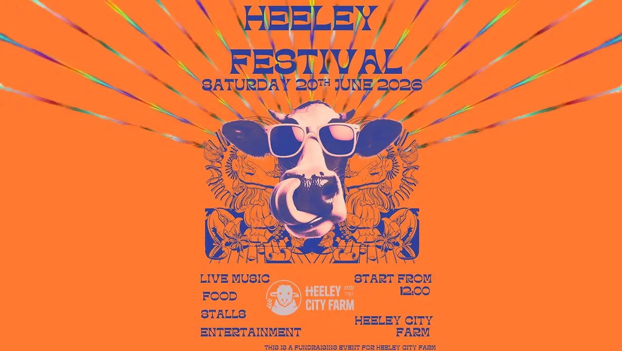 Orange and pruple poster will details of the Heeley City Farm Festival in Sheffield in June.