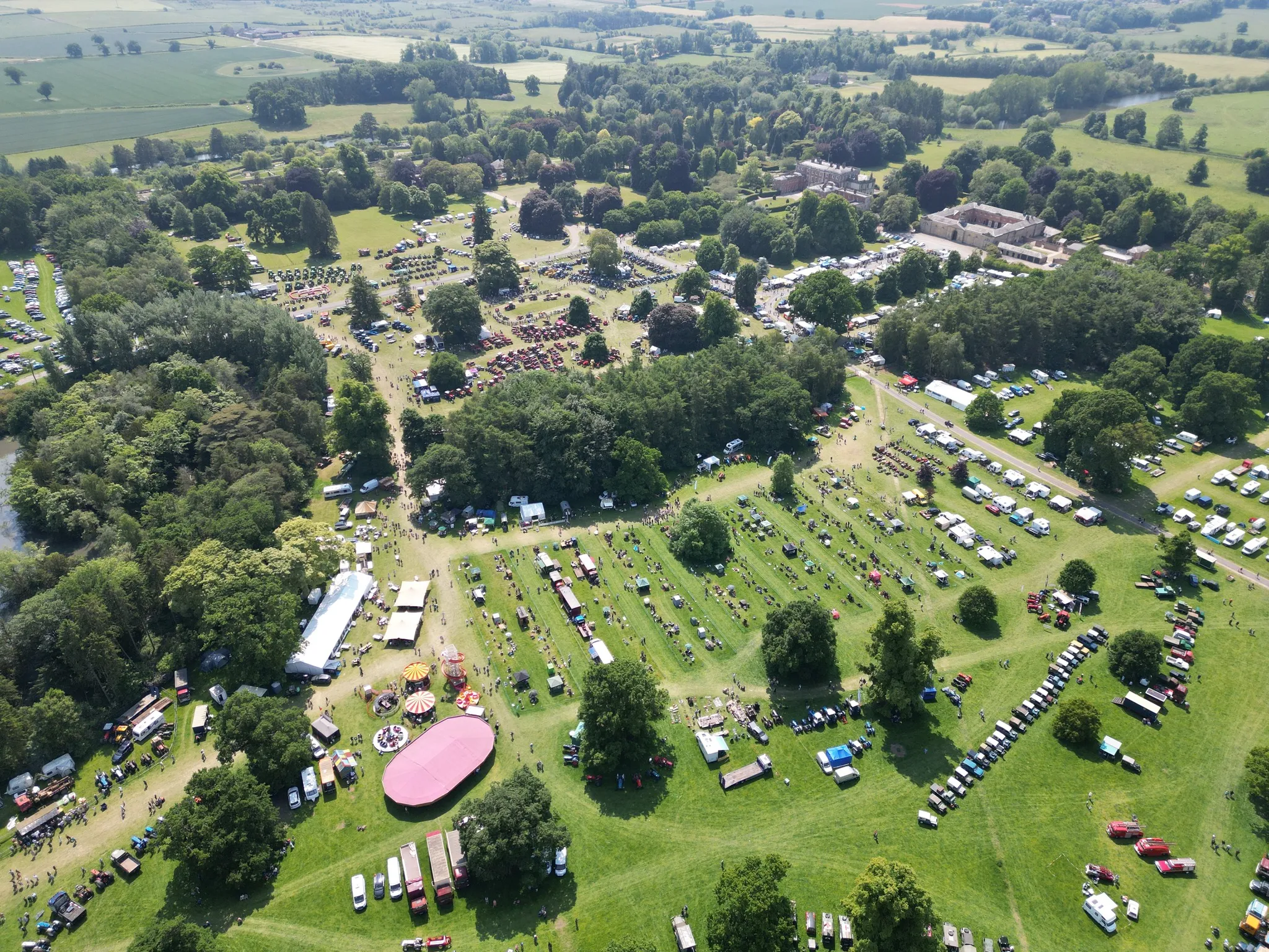 Aerial view of tractor displays at Tractor Fest hosted by Newby Hall in June