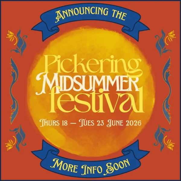 yellow sun with red surrounding and details of Pickering Midsummer Festival in June in Yorkshire