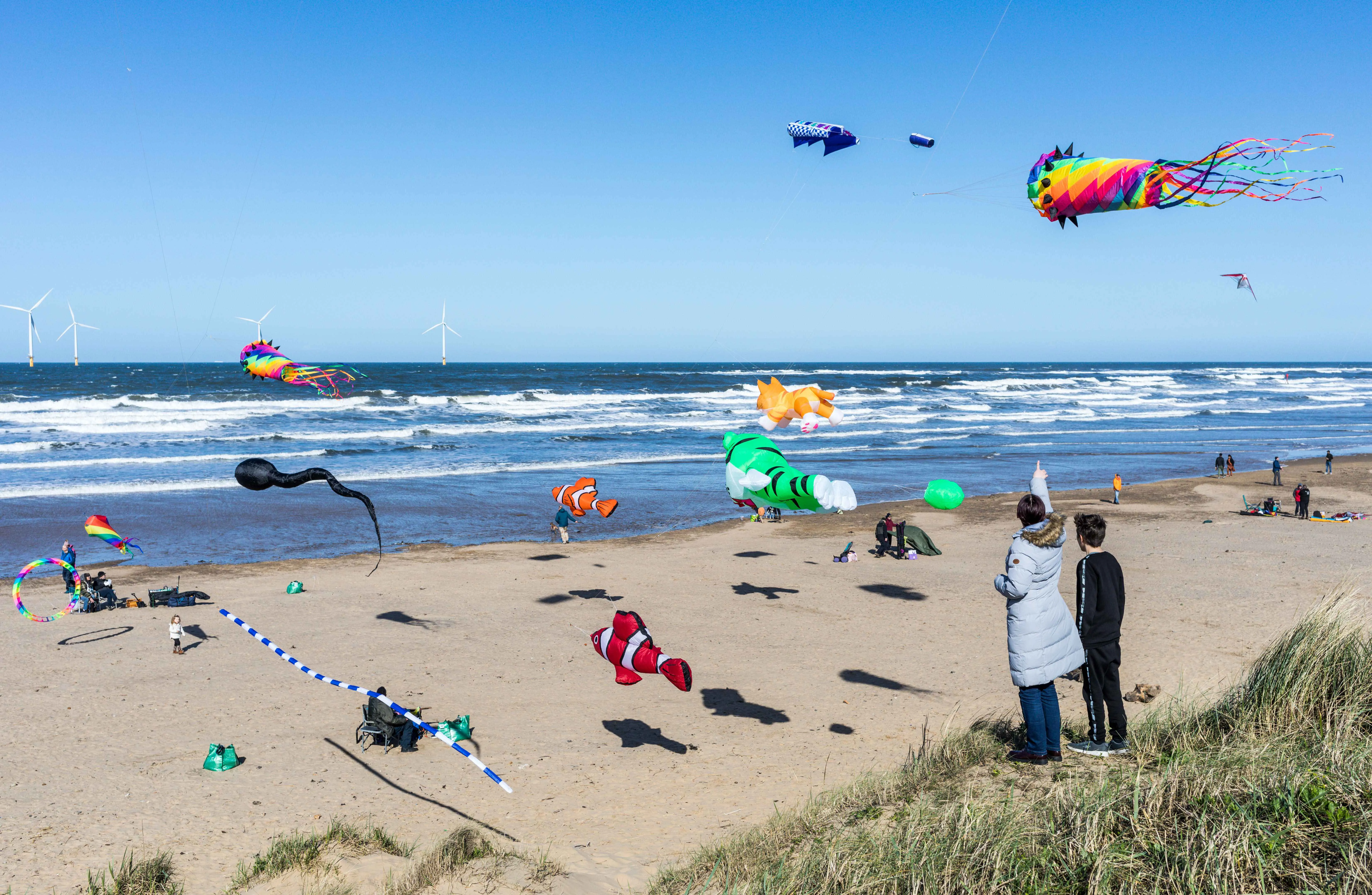 two people watching dozens of kites flying over the beach at Redcar Kite Festival
