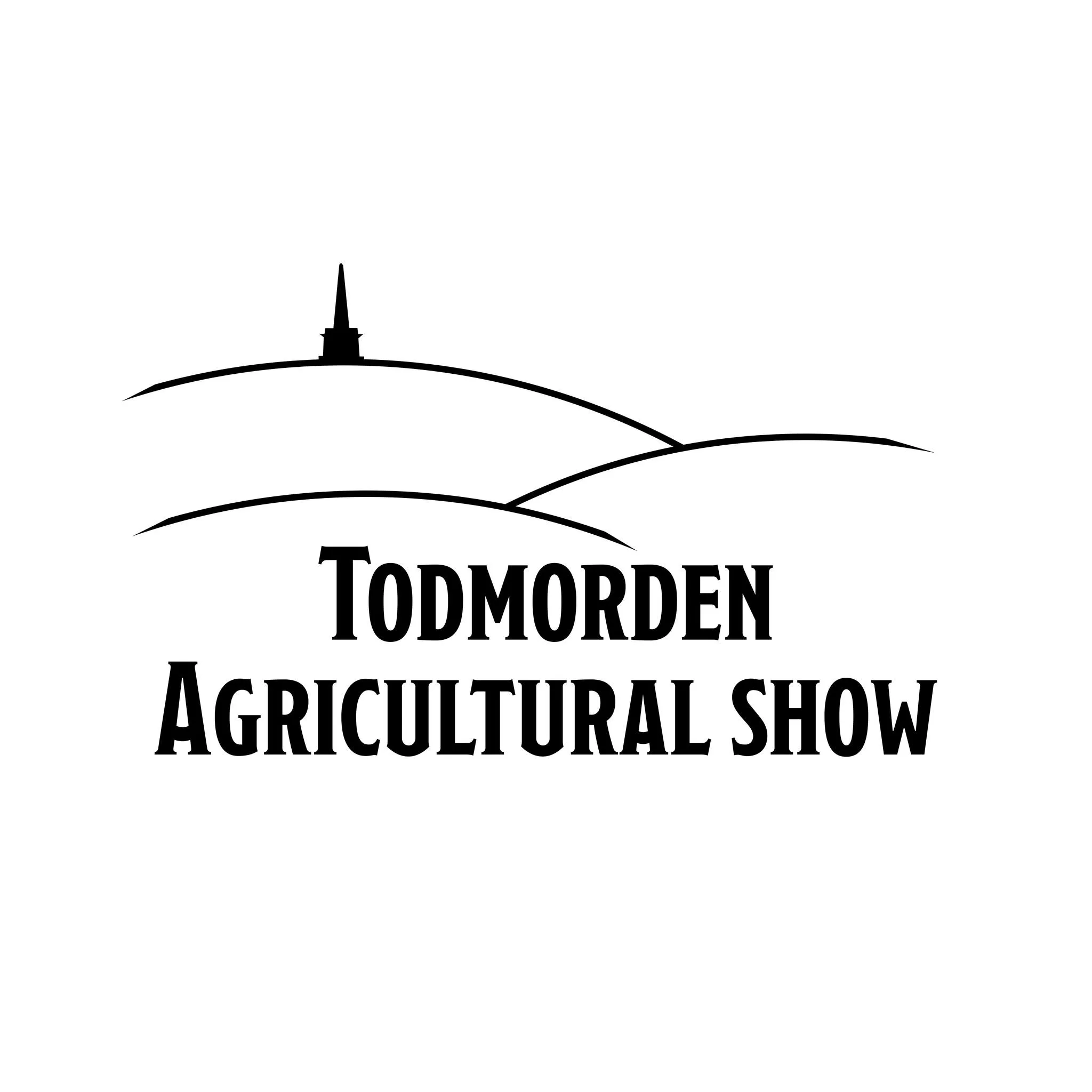 Todmorden Agricultural show logo, simple line drawing in black on white of hils and building perched on top